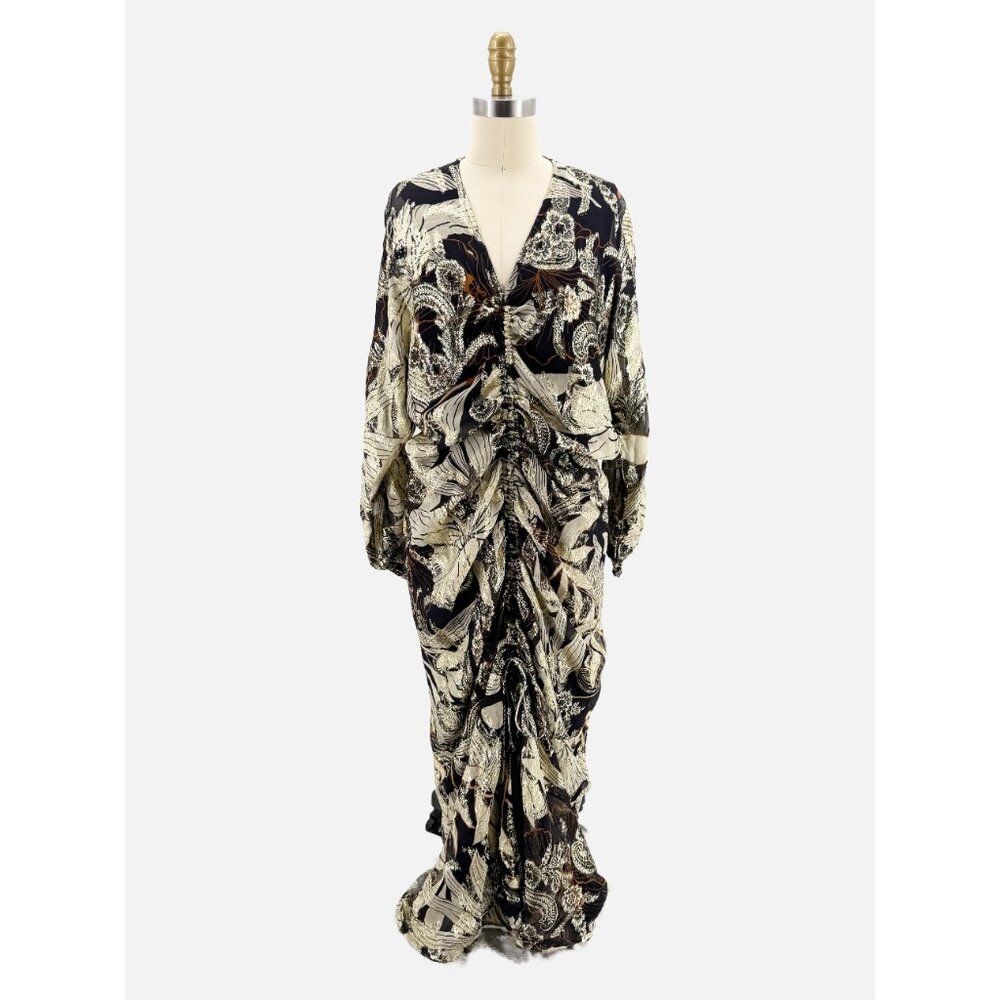 Ranna Gill Anthropologie Ruched Black Gold Brocade Midi Dress M